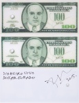 Numismática / Nota - J. Bosco Renaud - One Hundred Dollars, dollar furado, com a face do "Al Capone", 2008, Dinheiro Vivo, Holograma, assinada inferior direito, med. 6 x 14 cm.