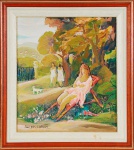 EUCLIDES L.SANTOS. "Mulheres no jardim", óleo s/eucatex, 35 x 30 cm. Assinado. Emoldurado, 45 x 41 cm.