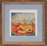 CICERO DIAS. "Mulheres na praia", aquarela, 24 x 26 cm. Assinado . Emoldurado com vidro, 50 x 50  cm.
