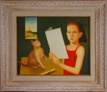 ADILSON SANTOS. "Menina de vermelho com gato e flauta", óleo  s/eucatex, 63 x 81 cm. Assinado no cid. Emoldurado, 102 x 118 cm.