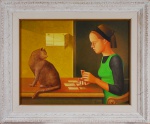 ADILSON SANTOS. "Menina jogando cartas e gato", óleo s/eucatex, 70 x 91 cm. Assinado e datado , 003.  Emoldurado, 102 x 124 cm.