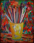 AUGUSTO HERKENHOFF. " Vaso com pincéis", óleo s/ tela,  243 x 190 cm. Assinado e datado 2002.