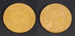 Moeda francesa 20 Francos de 1907 em ouro. Peso 6,4 g.