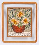 ANGELINA CARTÃO. "Flores amarelas", mosaico , 57 x 46 cm. Assinado, localizado e intitulado no verso, Rio-Brasil. Emoldurado  com vidro nas laterais, 80 x 70 cm.