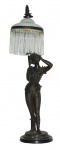 Luminária em bronze artístico no feitio de figura feminina com cúpula em vidro opalinado com canutilhos. Alt. 68 cm