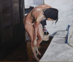 John Nicholson. "Undressing before a mirror and armoin with dool", óleo s/tela, 93 x 110 cm. Assinado e datado, 2005. Emoldurado, 98 x 115 cm