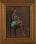 SEM ASSINATURA. "Menina com vestido azul", óleo s/madeira , 24,5 x 18,5 cm. Emoldurado, 32 x 26 cm.