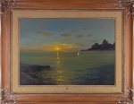 JOSE BENIGNO. "Sol no Arpoador", óleo s/tela, 70 x 100 cm. Assinado e datado frente e verso, 2011. Emoldurado , 107 x 137 cm.