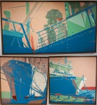 NEWTON MESQUITA. "Navio", tríptico,  óleo s/tela, (2) 120 x 120 cm cada e (1) 120 x 220 cm.  Medida total 120 x 460 cm. Assinado.