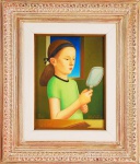 ADILSON SANTOS. "Menina com espelho", osmdf, medindo 48 x 36 cm. Assinado e datado. Emoldurado, 84 x 71 cm(APTO)
