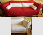 Sofa de 3 lugares tecido bege com capa vermelha , almofadas soltas . Marca ALAN WHITE (americano). Medidas 90 x 230 x 100 cm. (DEVERÁ SER IÇADO) RETIRADA POR CONTA DO COMPRADOR EM COPACABANA