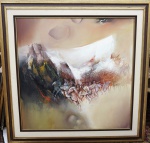 SATYRO MARQUES. "Serie dos Guerreiros", óleo s/tela, 100 x 100 cm. Assinado no cid e verso, 1983. Emoldurado, 130 x 130 cm.