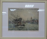 Antiga gravura Paisagem com Barcos, assinada, med. 30 x 38 cm, com moldura 49 x 58 cm