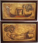 Pandant de quadros . "Gondola"  e " Caravela", óleo s/eucatex,  35 x 70 cm. cada Sem assinatura. Emoldurado, 46 x 86 cm cada