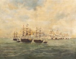 Quadro. "Combate de los Pozos contra el Império del Brasil - 17 de junio de 1826", óleo s/tela, 76 x 96 cm. Emoldurado, 100 x 118 cm.