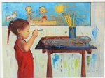 RICARDO NEWTON. "A Pequena Pintora", óleo s/tela, 60 x 80 cm. Assinado. Emoldurado, 62 x 83 cm.
