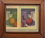 José Maria Dias da Cruz - "Livro, leiteira e maçã", OST, assinado e datado dez/75, med. 41 x 33 cm, com moldura 49 x 57 cm.