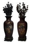 Par de vasos de porcelana de SEVRES, bordeaux e dourado , decorado com cena galante em reserva, bases e flores em bronze. Alt. 137 cm