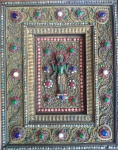 Quadro indiano, "Shiva", em metal, pedras semi-preciosas e moldura de madeira, (falta uma das mãos). Medida total 27 x 22 cm.