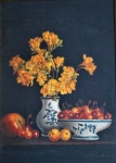 Miriam Guerreiro de Matos - "Jarra com flores, maçãs, pêssegos e cerejas", óleo sobre tela, assinado frente e verso, Rio 8/12/97. Medidas 22 x 16 cm, moldura 44 x 38 cm.