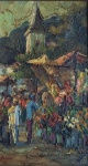 João de Jesus - "Feira na Vital Brasil", óleo sobre tela, assinado c.i.e. Niterói - Rio 73. Medidas 33 x 18 cm, moldura 57 x 43 cm.