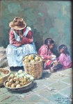 Edy Gomes Carollo - "Vendedora", óleo sobre eucatex, assinado frente e verso, Culco - Peru - 1979. Medidas 27 x 19 cm, moldura 47 x 39 cm.