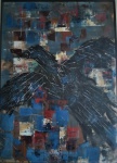 Jose Paulo - "Pássaro preto", óleo sobre cartão, assinado 1956, cachê da Galeria Bahiart 1991. Medidas 31 x 23 cm, emoldurado com vidro 64 x 53 cm.