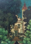 Francisco Oswald - "Paisagem com igreja", óleo sobre eucatex, assinado c.i.e. Medidas 40 x 30 cm, moldura 72 x 62 cm.