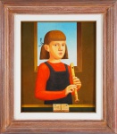 ADILSON SANTOS. "Menina com flauta - Série Julia", ost, medindo 48 x 35 cm. Assinado e datado. Emoldurado, 96 x 85 cm.