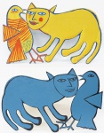 CORNEILLE . "Gato e pássaro". Escultura double face em ferro, sendo de um lado policromia e do outro azul e preto. Assinado. Medidas 40 x 67 cm