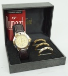 Relógio Dumont, caixa 37mm em aço com detalhes em dourado, pulseira em couro preto, com 3 aros superiores extras, máquina sem funcionamento.