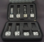 Estojo de Relógios Natan, contendo 8 peças, sendo 3 em perfeito estado e 5 com a máquina sem funcionamento, caixa 35mm e pulseira em aço preto.