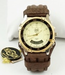 Relógio Magnum MG11451, caixa em aço 40mm com detalhes em dourado, pulseira de couro marrom.