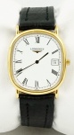 Relógio Longines "Les Grandes Classiques de Longines", 26791494, caixa em plaqué d'or 30mm,  pulseira de couro preto, máquina sem funcionamento.