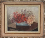 Y.TAKAOKA. "Flores", óleo s/tela, 36 x 44 cm. 36 x 44 cm. ( reentelado ).  Assinado e datado no CIE, 1942. Emoldurado, 53 x 63 cm.