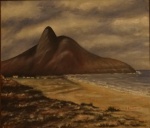 M.Rodrigues - "Praia", óleo sobre eucatex, assinado c.i.d. e datado 87 (no estado). Medidas 48 x 55 cm, moldura 69 x 76 cm.