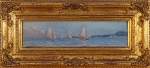 CARLOS BALIESTER. "Marinha com barcos", óleo s/madeira, 12 x 46 cm. Assinado no CID, localizado e datado . Rio 1909. Emoldurado, 29 x 64 cm.