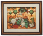 LAERPE MOTTA. "Paisagem com figuras e animais", óleo s/tela, 52 x 70 cm. Assinado e datado no CIE, 84 . Emoldurado, 85 x 103 cm.