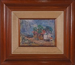 MANOEL SANTIAGO - " Casa do Seu Inocêncio - Alto Teresópolis" óleo s/ madeira, medindo 19x27 cm, assinado  no CID e verso, datado de 1937