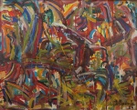 JORGE GUINLE. "Abstrato", óleo s/tela, 80 x 100 cm. Assinado , datado ,frente e verso , 1984 . Sem certificado. Emoldurado, 83 x 102 cm.