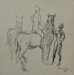 GERALDO ORTHOF, "Cavaleiro", desenho, 20  x 20 cm .  Assinado e datado, 72. Reproduzido no livro do artista  na pág 44. Emoldurado com vidro, 49 x 49 cm.