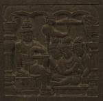 Cena budista , peça do Extremo Oriente em pedra, 40 x 40 cm. Cultura Gandara. Emoldurado, 49 x 49 cm.