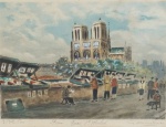 ASS ILEG - Quai Saint Michel, gravura aquarelada, assinada e intitulado, medindo 19x24cm, emoldurada c/ vidro 33x38 cm ( manchas do tempo)