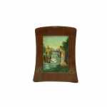 Pequeno quadro com delicada pintura a óleo sobre madeira, representando guerreiro e donzela em lago, com moldura em madeira  art nouveau, med. 21 x 15 cm; Paris cerca 1900