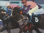 ROBERTO DE SOUZA. "Corrida de cavalos", óleo s/tela, 58 x 77 cm. Assinado. Emoldurado, 88 x 107 cm.
