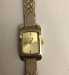 Relógio de pulso feminino, Euro- caixa em metal dourado, pulseira em couro no estado (máquina no estado não verificada)
