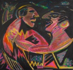 R. Gerchman - "O delicado encontro x discussão de amigos Chez K.", óleo sobre tela, assinado c.i.d. e no verso, datado 86. Medidas 70 x 76 cm, moldura 84 x 90 cm.
