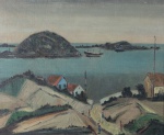 SYLVIO PINTO. "Paisagem e marinha", óleo s/tela colado em eucatex, 44 x 53 cm. Assinado cie, datado 1959. (05596).
