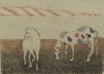 S/ASS - Cavalos, gravura aquarelada, medindo 8x10 cm, emoldurado 40x30 cm ( moldura c/ peq. lascado)