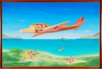 ROBERTO MAGALHÃES . "Taxi aéreo chegando ao destino", óleo s/tela , 60  x 92 cm. Assinado e datado no CIE, 1984. Emoldurado , 65  x 97 cm.